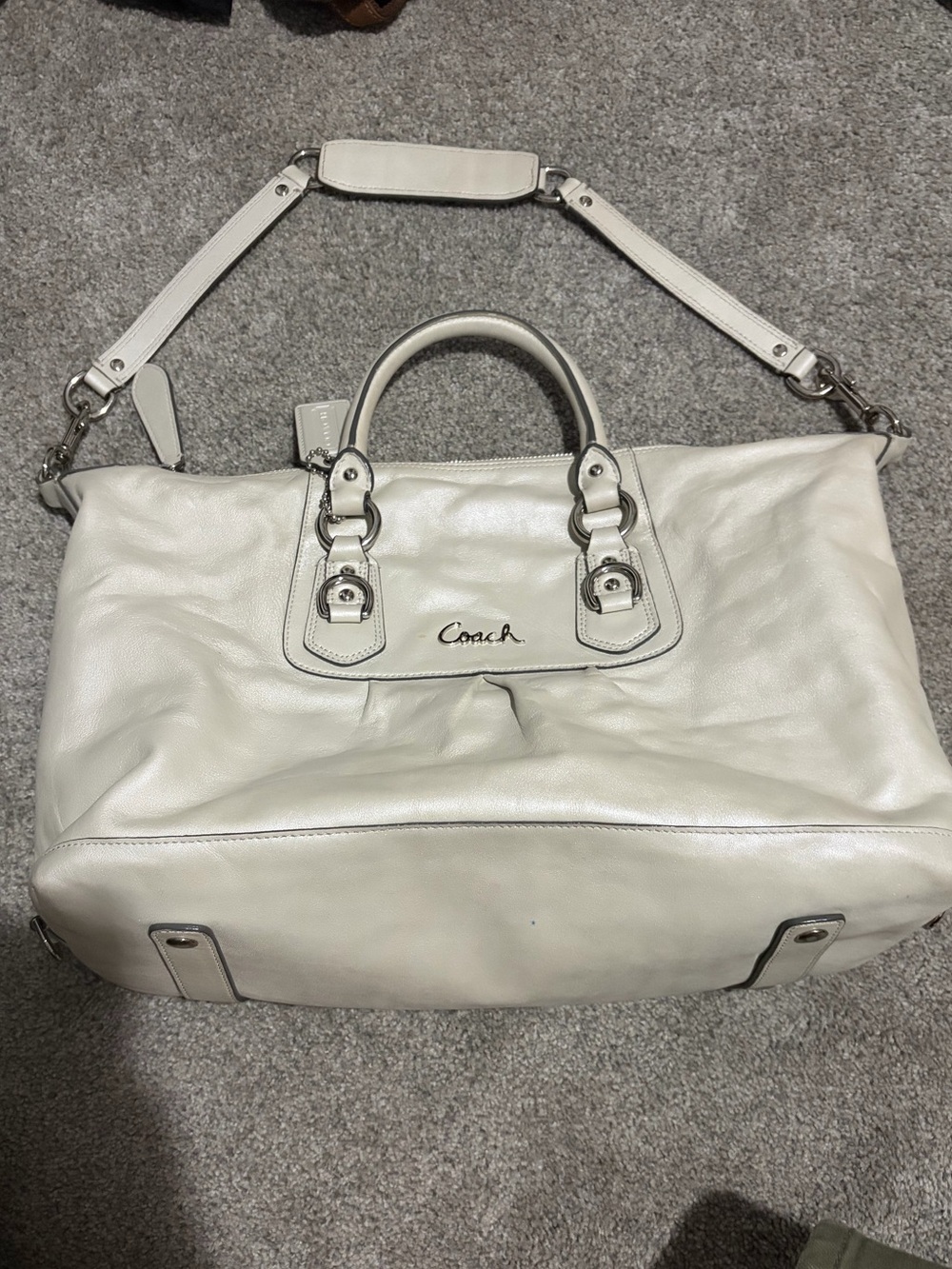 Coach White Leather Satchel with Detachable Strap and Wallet